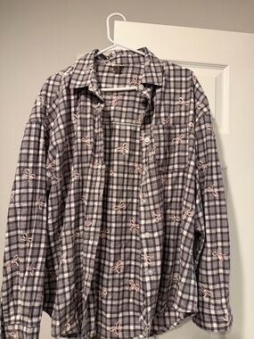 Aeropostale Gray and White Plaid Button-Down Shirt with Pink Bow Accents